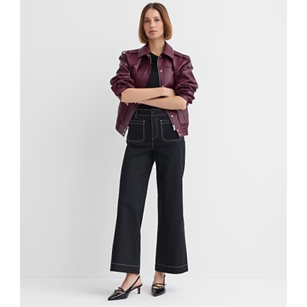 LOFT Palmer Wide Leg Pique Pants Womens 4 Black Contrast Stitch High Rise Ankle